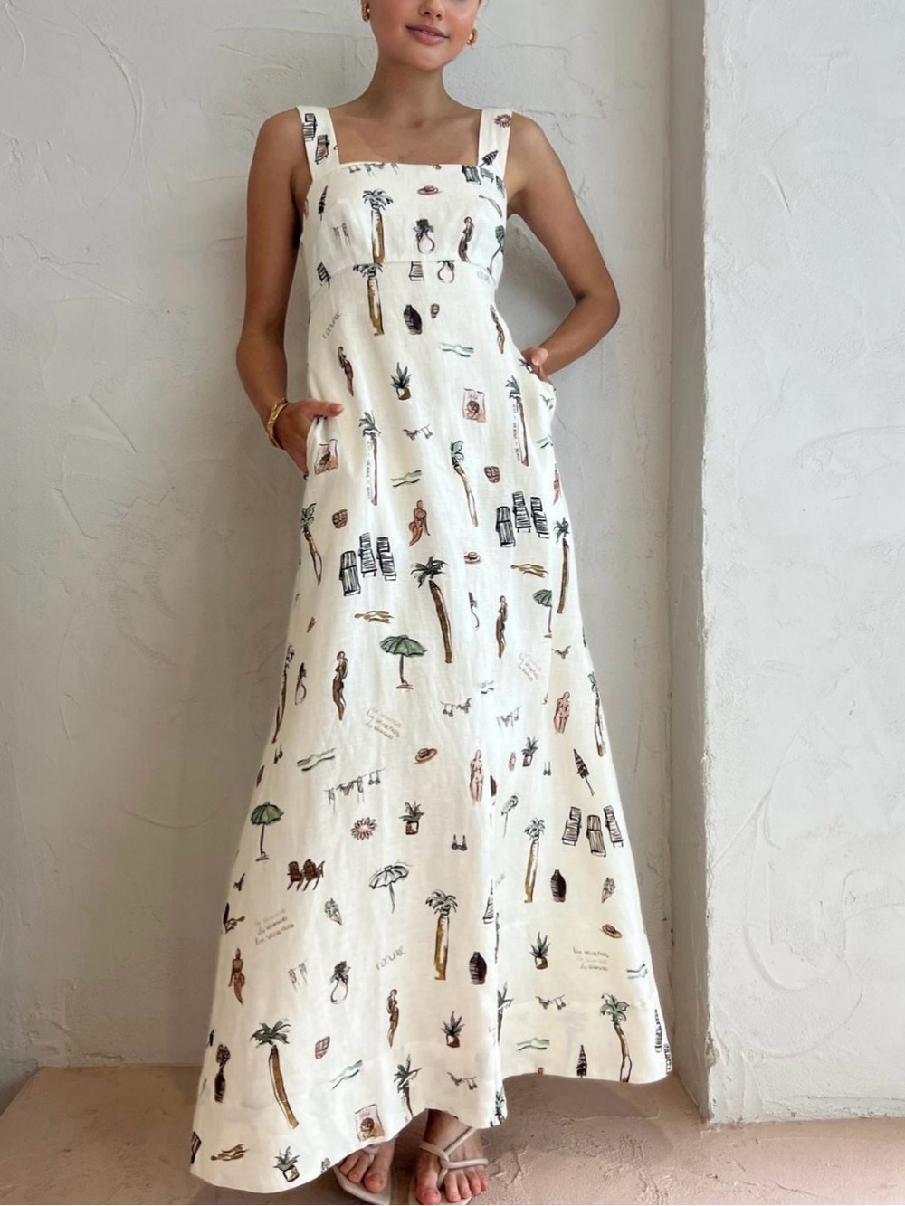 Commense Tropical Print Linen Blend Maxi Dress Resort Vacation Boho Coastal